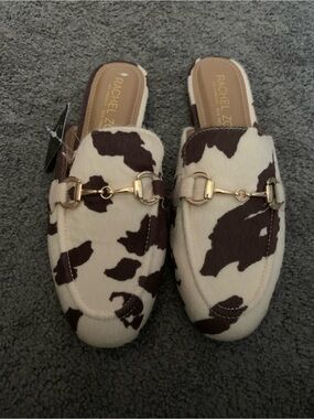Rachel Zoe cow print slip on mules. New with tags